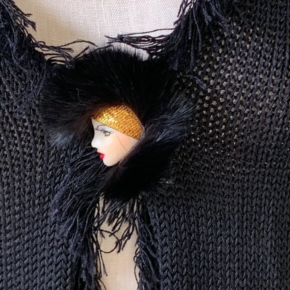 Chico's Linen Bl Fringe Open Cardigan & VTG Flapper Brooch Sz 2 L/12 Black #88G - Picture 3 of 9